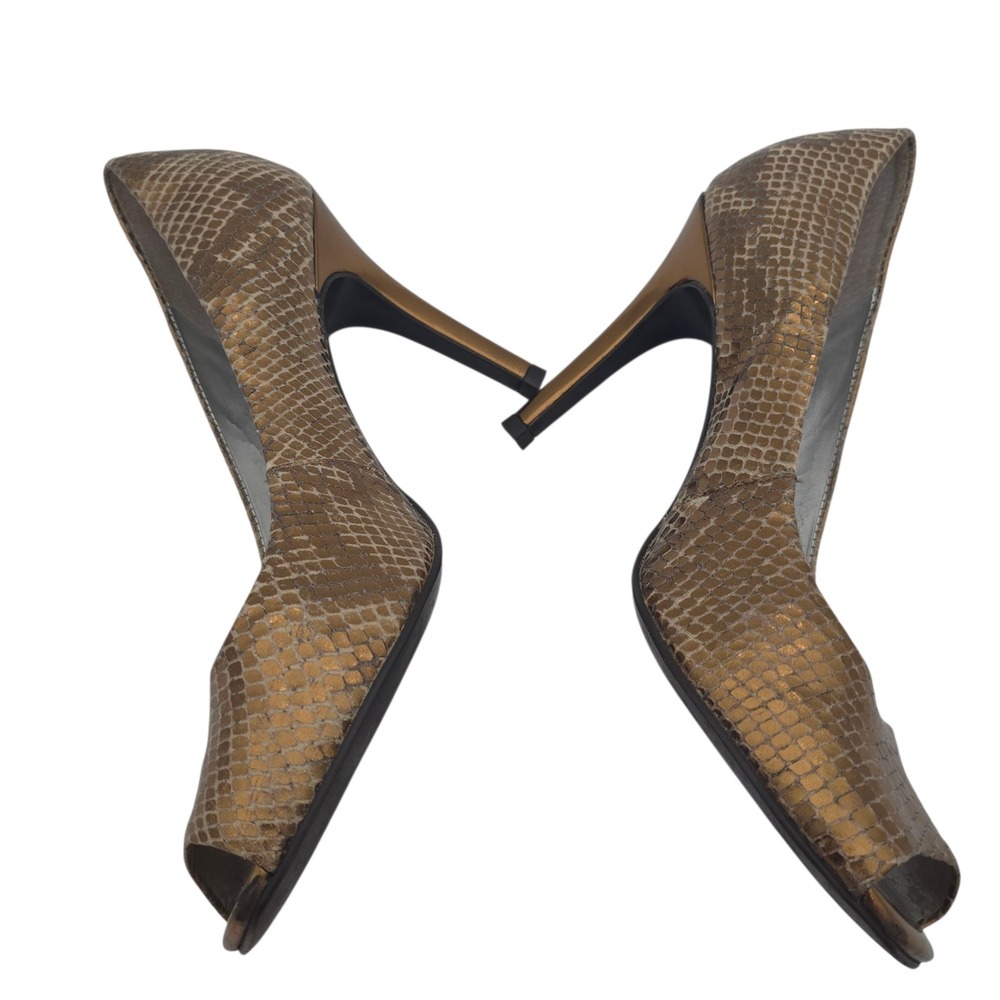 Gianni‎ Bini Leather Snakeskin Peep Toe Heels Size 8M Bronze Metallic Stiletto